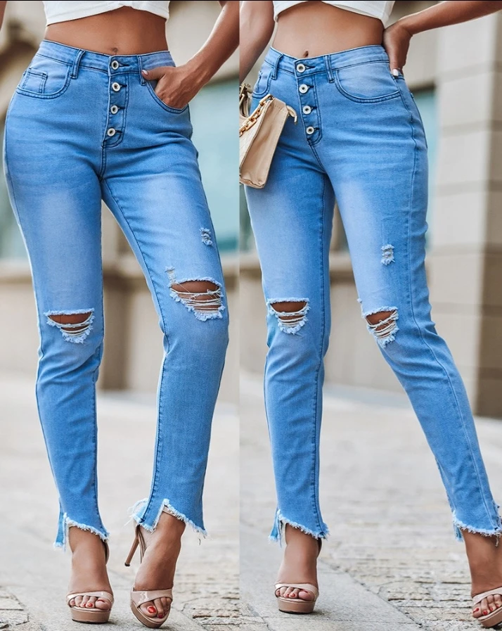 Women's Fashion Trousers 2024 Spring/summer Latest Style Commuter Button Pocket Design Ripped Split Cut Skinny Denim Pants Jeans jeans for women 2023 autumn and winter women s jeans fashion commuter high waist slim hole straight jeans women denim trousers