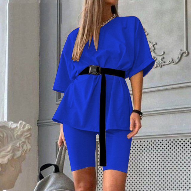 Summer Women Set O Neck Loose Short Sleeve Top Shirt and  Bodycon Cycling Shorts Women Bottom Suit Two Piece Sets Outfit