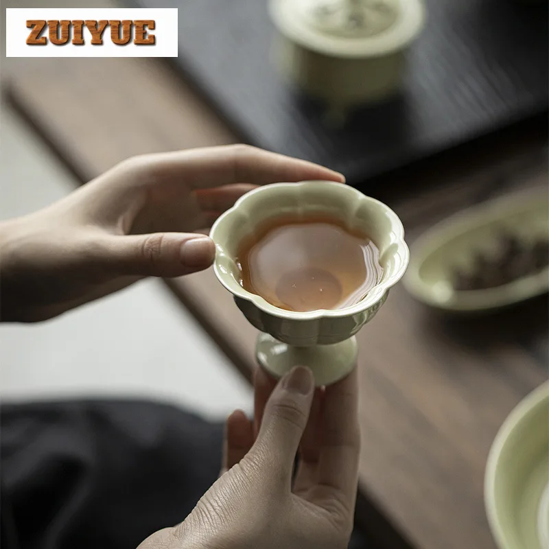 90ml Handmade Reed Green Master Cup Boutique Flower Mouth Teacup Retro High-feet Meditation Cup Chazhan Chinese Tea Set Crafts