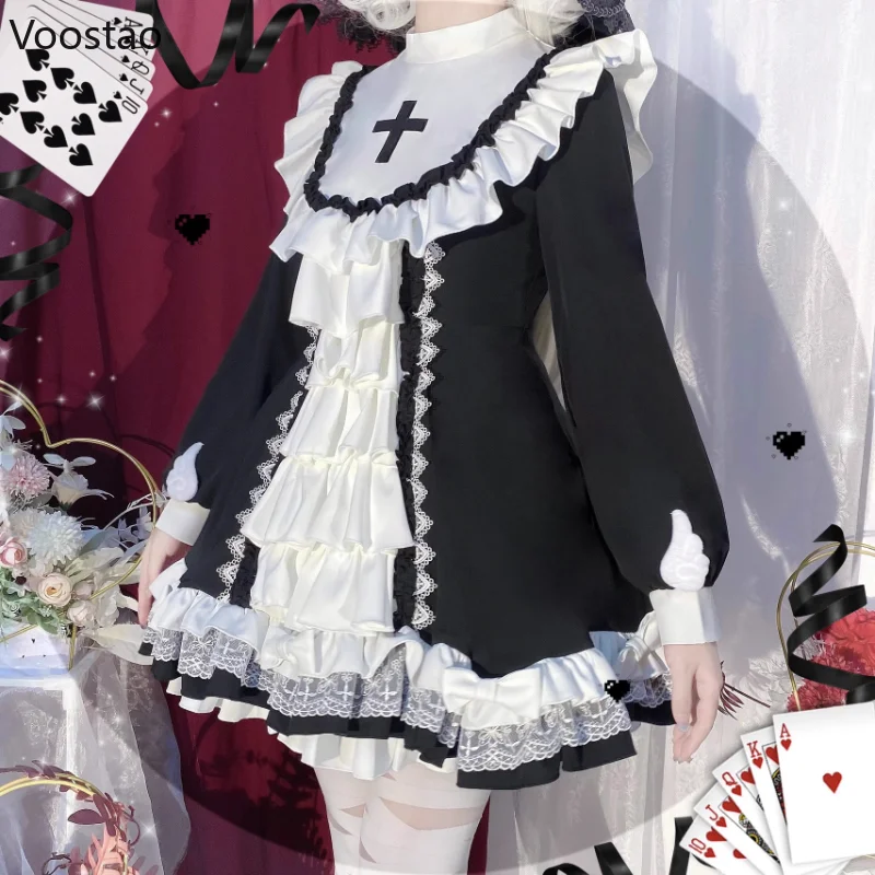 Lolita Cosplay Costumes Japanese Gothic Lolita OP Dress Women Victorian Cross Embroidery Ruffles Cosplay Witch Maid Dresses Girls Sweet Party Dress