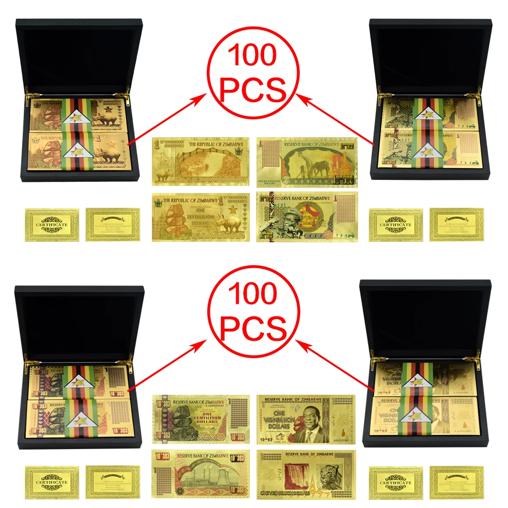 

17 Models 100pcs/box Zimbabw Gold Banknotes Fake Money with Black Wooden Box Home Decor Collection Business Gift