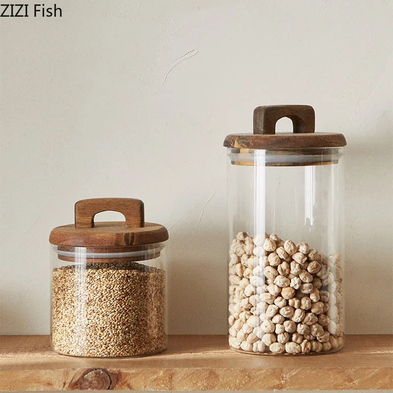 Wooden Lid Glass Storage Jar Creative Modern Household Miscellaneous Grain Storage Jar Kitchen Food Sealed Jar Storage Ornaments 3