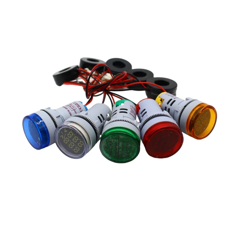 Rodada Mini Voltímetro Digital, Amperímetro, Tester Medidor, Dual LED Indicador, Piloto Lâmpada Luz, 22mm, AC, 20-500V, 0-100A, Amp Volt