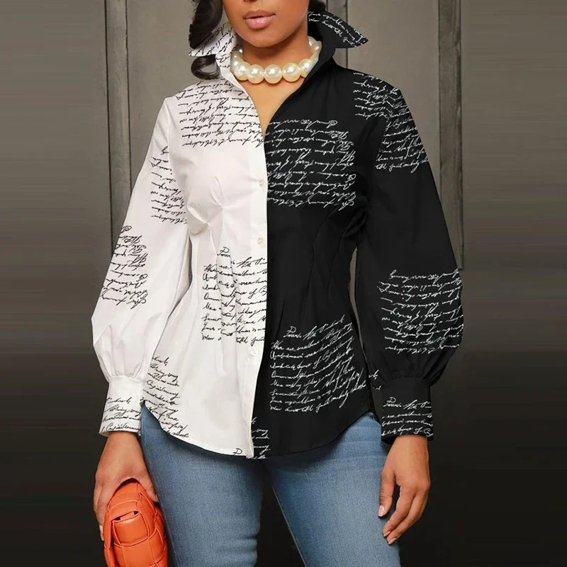 

Рубашка Женская Офисная с принтом и рукавами-фонариками, модная повседневная однобортная Элегантная блузка с коллажем, с надписью, весна-осень