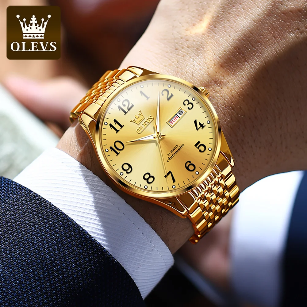 OLEVS Fashion Gold Mechanical Watch for Men  Stainless Steel Waterproof Week Date  Business Mens Wristwatch Relogios Masculino