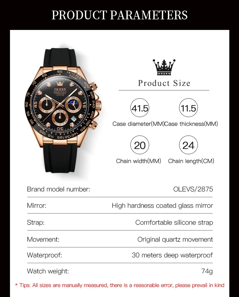 OLEVS Watches Mens Top Brand Luxury Casual Silicone 24Hour Moon Phase Men Watch Sport Waterproof Quartz Chronograph Wristwatches