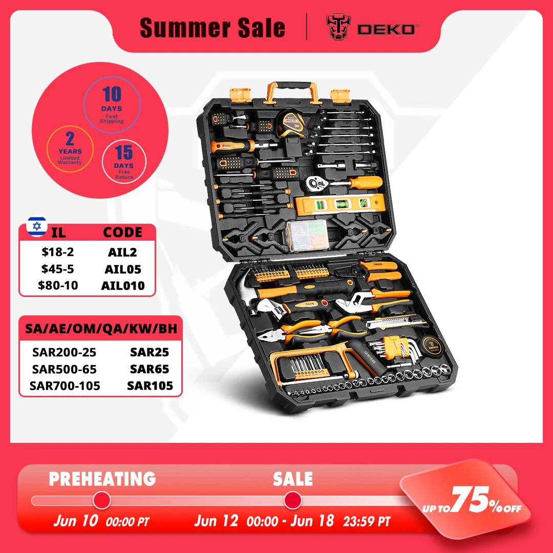 DEKO Hand Tool Set General Household Repair Hand Tool Kit with Plastic Toolbox Storage Case Socket Wrench Screwdriver Knife|hand tools kit|tool kittool set - AliExpress