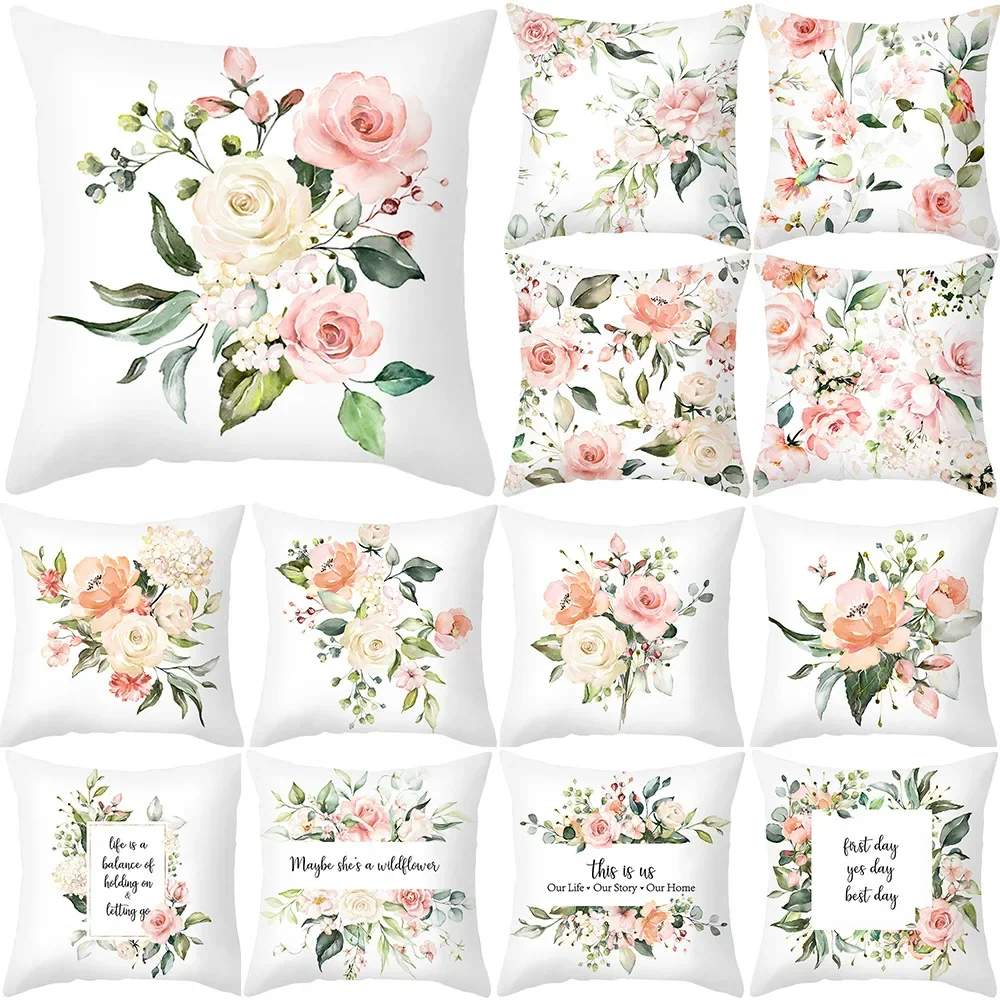 

White Floral Pattern Pillow Cover Peach Skin Velvet Printed Home Waist Pillowcase Modern Minimalist Letter Pattern Pillowslip