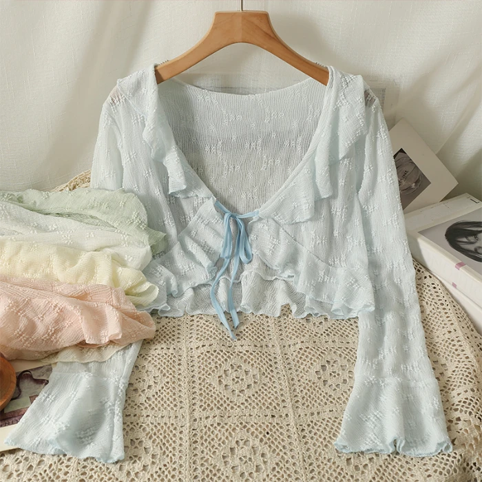 8k90 blue ruffle bell sleeve cardigan