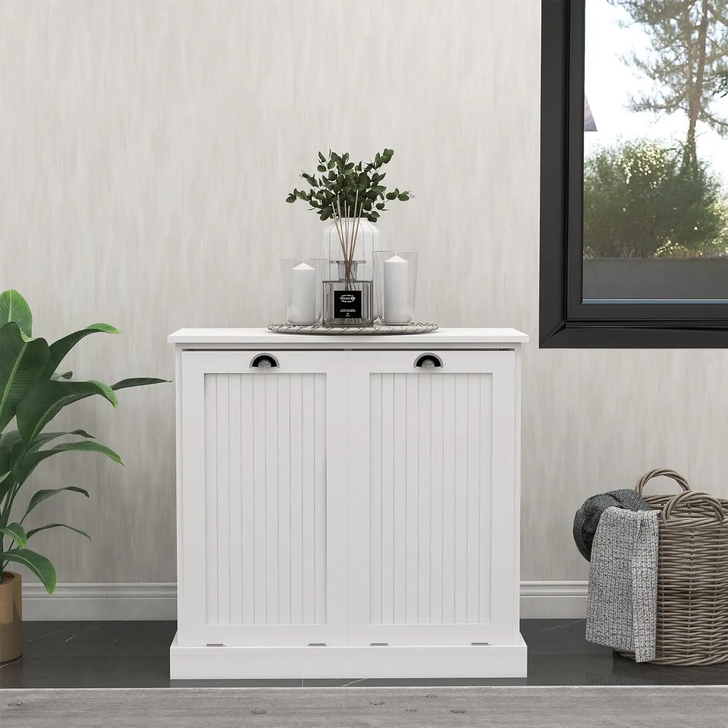 Tilt Out Laundry Hamper with Removable Basket, Hidden Laundry Hamper, Wood Bathroom Storage, Free Standing Home Organizer