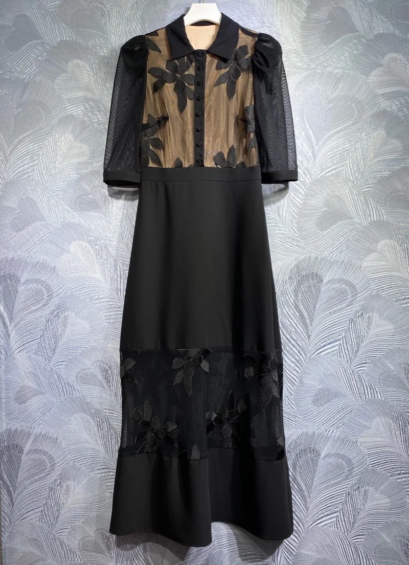 

Top Quality New 2023 Autumn Long Dress Women Turn-down Collar Sexy Tulle Mesh Patchwork Half Sleeve Elegant Party Black Dress