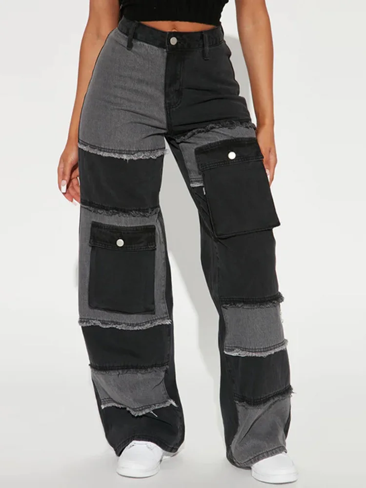 

Benuynffy Patchwork Jeans for Women Streetwear High Waisted Multiple Pocket Straight Leg Stretch Denim Pants Fashion S-3XL