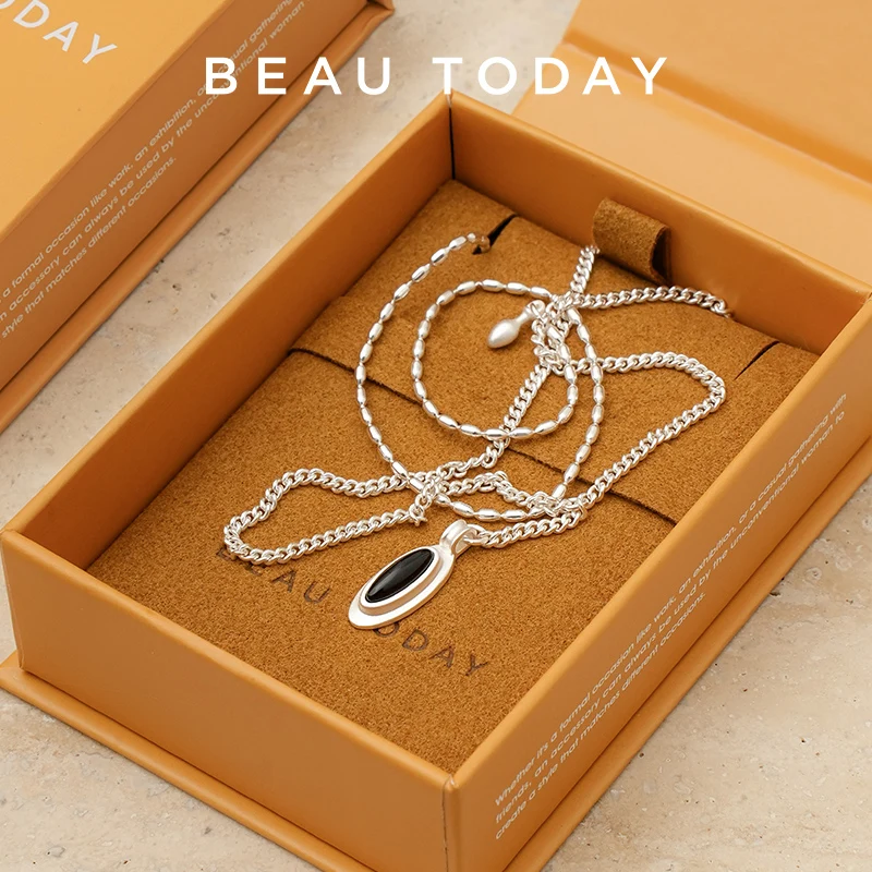 

Женские ожерелья BEAUTODAY, серебро 925 пробы, 18 К, белое золото, натуральный черный агат, Черная Овальная подвеска, Женские аксессуары, ручная работа, 93055