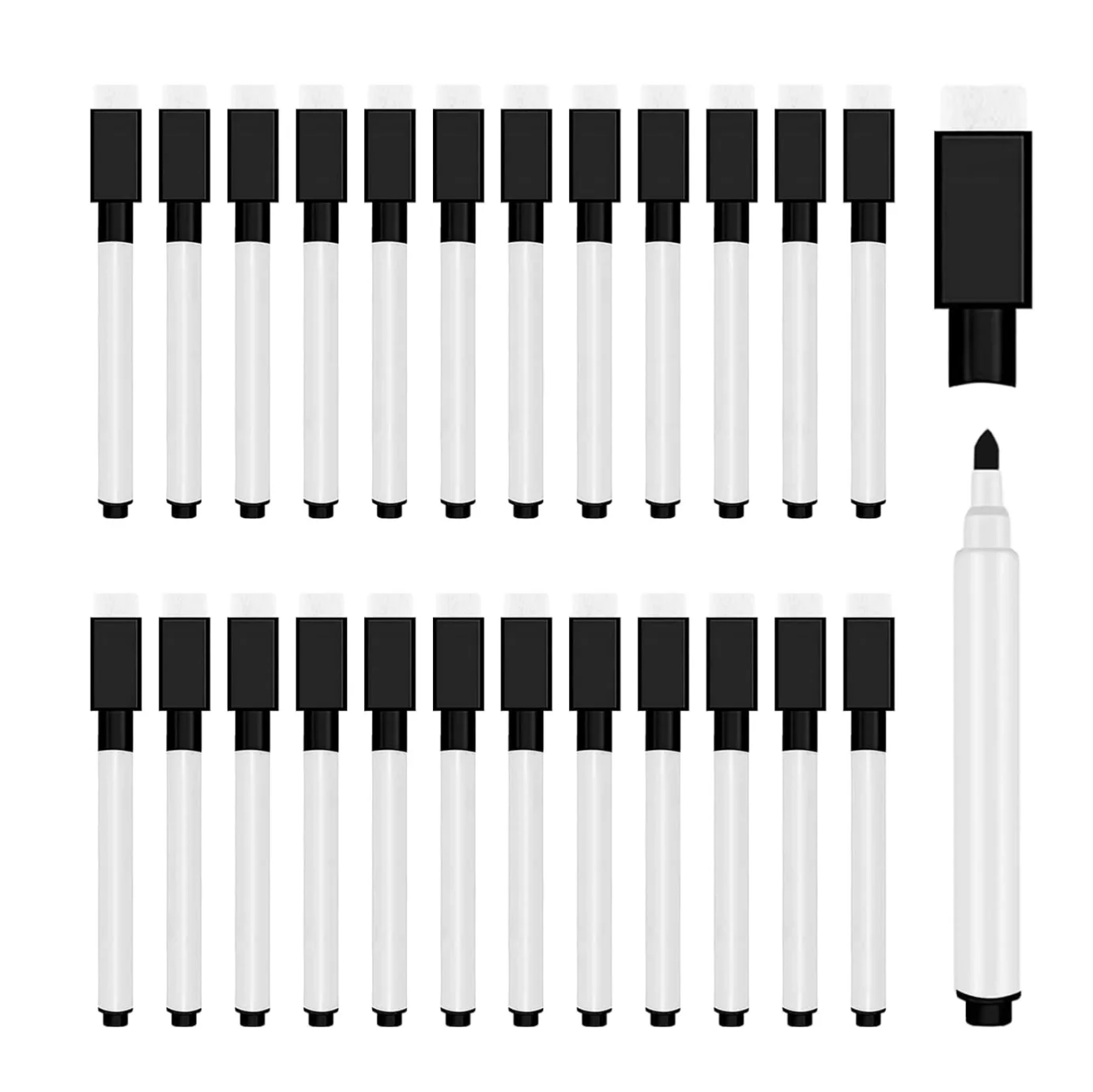 25개입 블랙 드라이 이레이즈 마커, 지우개 캡이 있는 미니 화이트보드 펜, 학교, 사무실 및 가정용 저취미세사펜
