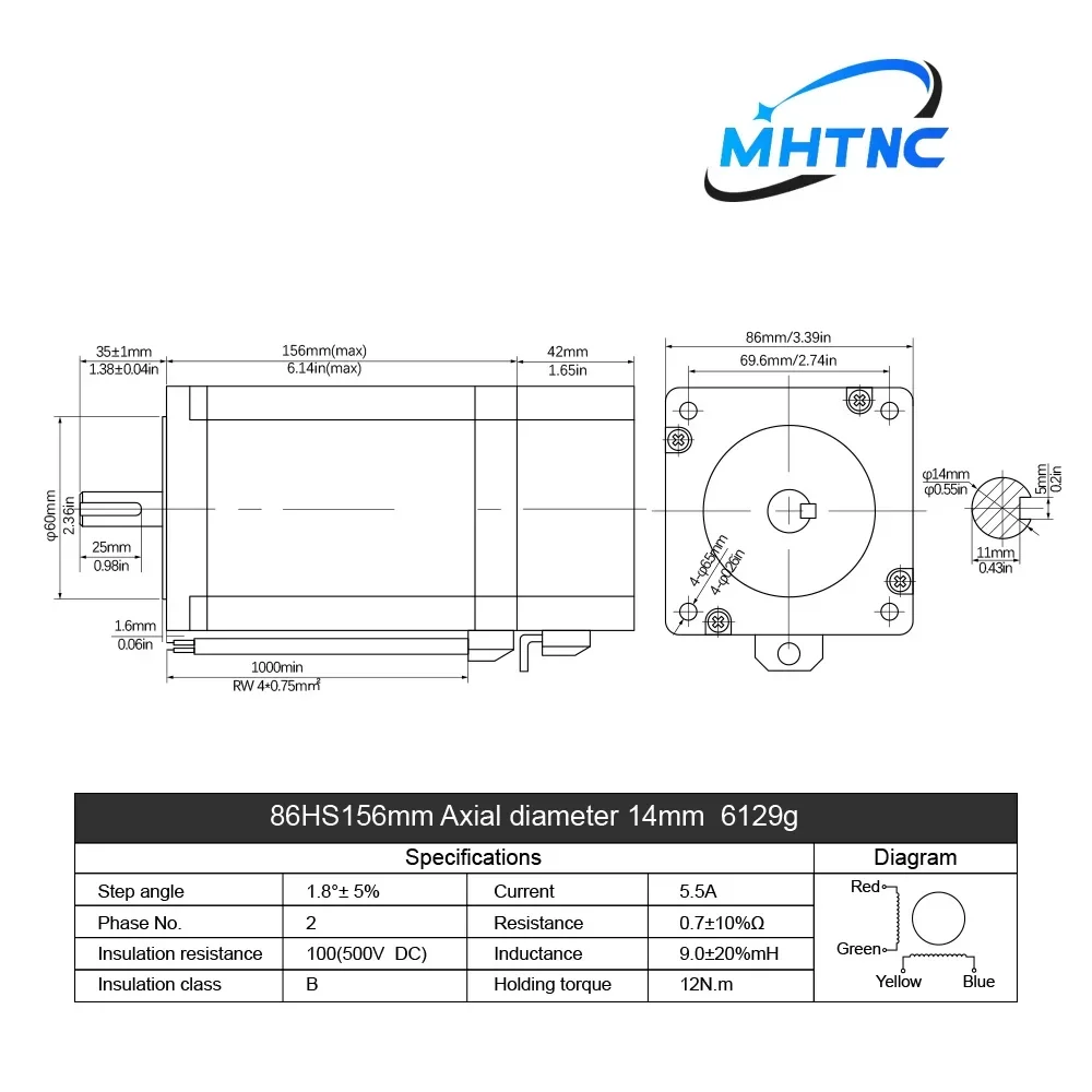 Nema 34 개방형 루프 스테퍼 모터 2상 86HS156 12N.m 6.2A 1714ozin CNC 라우터 고토크용 14mm 샤프트가 있는 4리드 DC 엔진