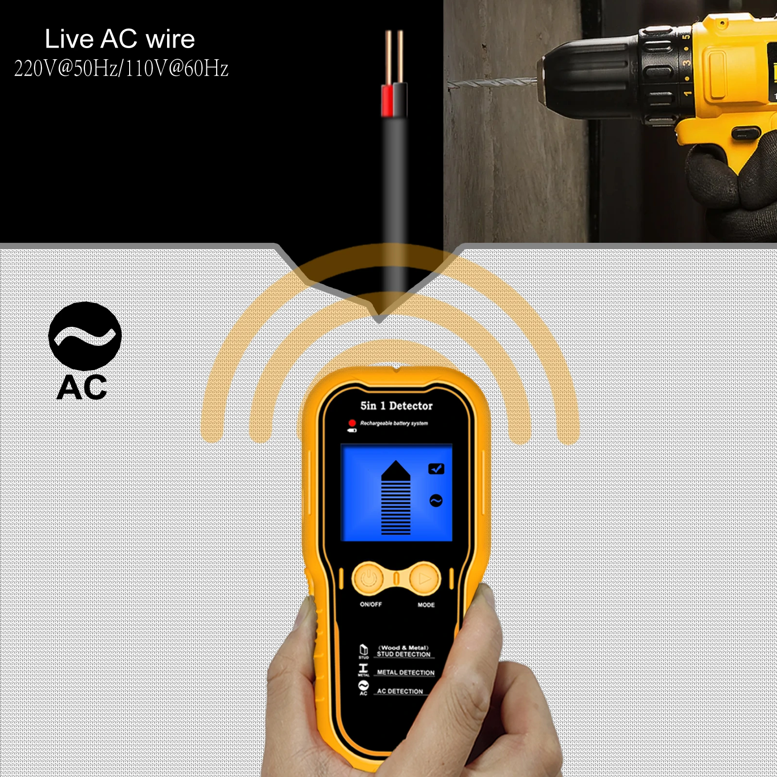 Rilevatore di Montanti 5 in 1, Scanner per Pareti, Rilevatore di Cavi AC, Fili, Legno, Metallo, Tubi, Strumenti di Misurazione Elettronici - immagine 6