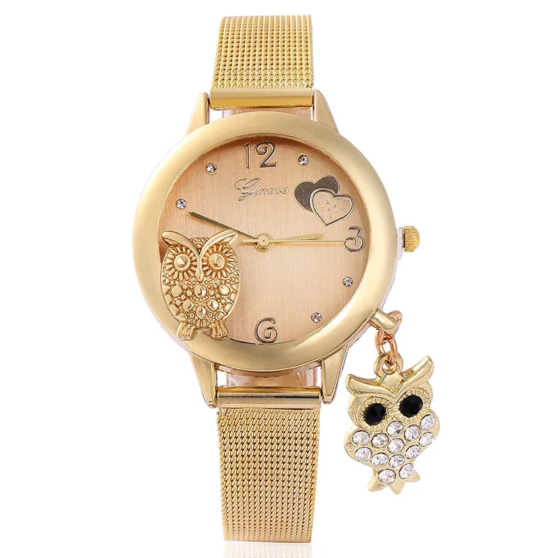 

Female Wristwatch With Pendants Mesh Band Quartz Ladies Watches Women Luxury Gold Owl Watches Wholsale Price Gift 여자시계명품