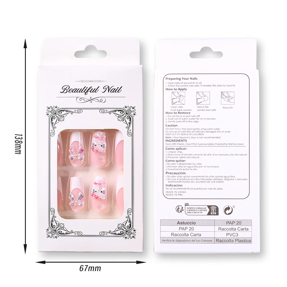 24개 중간 사이즈 헬로키티 프렌치 네일 아우로라 보우 펄 풀커버 가짜 네일 팁 여성용 착용 가능한 프레스온 네일