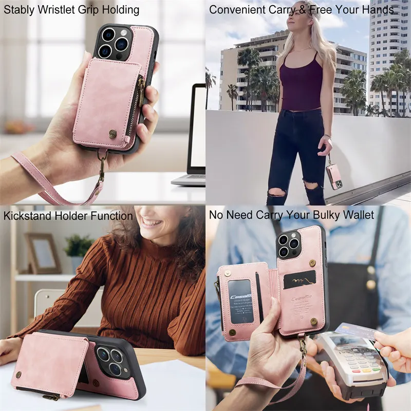 Luxury Wallet Bag Phone Case For iPhone 14 13 12 MINI 11 Pro XR XS Max 6 7  8 Plus Silicone Card Pocket Strap Cover With Lanyard - AliExpress