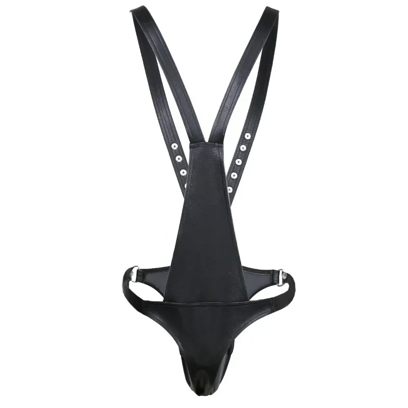 Men Sexy Jockstrap Underwear Faux Leather Bodysuits G Strings Thong Erotic Suspender Jumpsuits Gay Leather Penis Pouch Jumpsuit