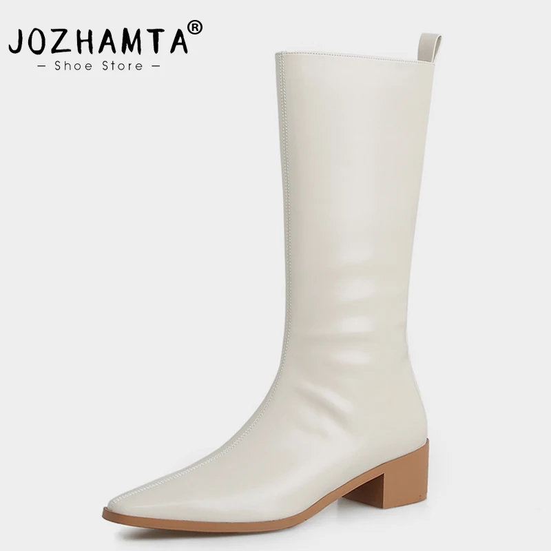

JOZHAMTA Size 34-42 Women Winter Boots Genuine Leather Chunky Heels Shoes For Womens Square Toe Casual Business Mid Calf Boots