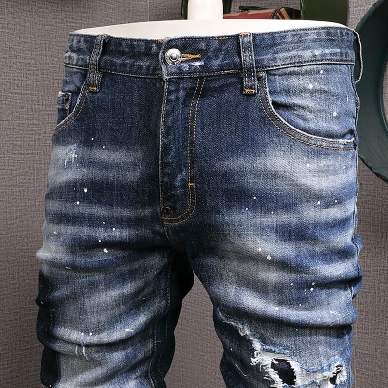 High Street Fashion Men Jeans Retro Blue Elastic Stretch Slim Fit Ripped Jeans Men Embroidery Designer Hip Hop Brand Pants Homme