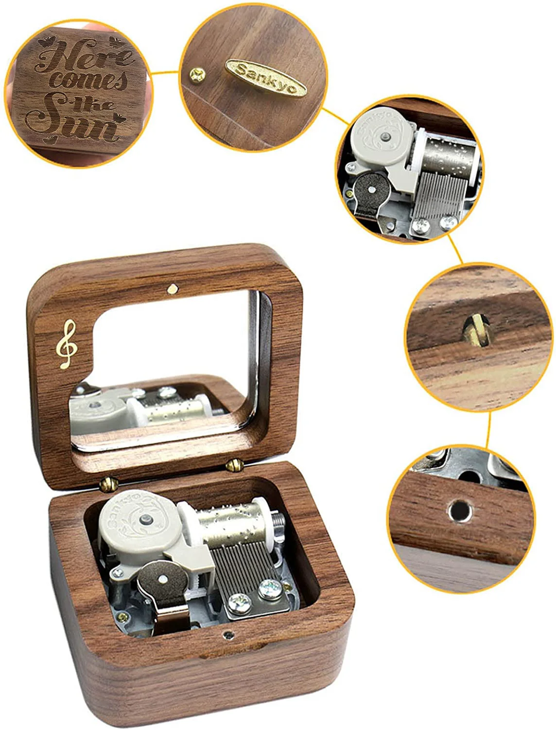 Sinzyo Here Comes The Sun Music Box Vintage Musical Boxs Gift for Birthday Valentine's Day Christmas Day Musical Note Walnut Box