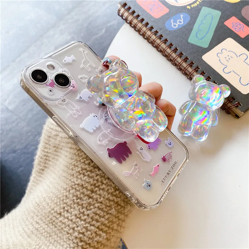 Cute 3D Bear Folding Mobile Phone Grip Stand Holder Universal Support for Cell Phone Stretch Bracket Cartoon Finger Ring Griptop wireless charging stand for iphone and apple watch