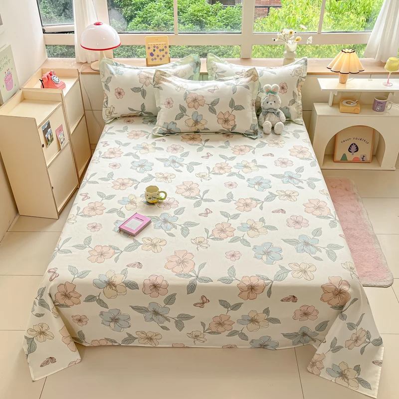 Botanical Floral Flat Sheet Set Kawaii Butterfly Print Bed Sheet with 2 Pillowcase, Cotton Sheets Set Farmhouse Style Bed Cover 1