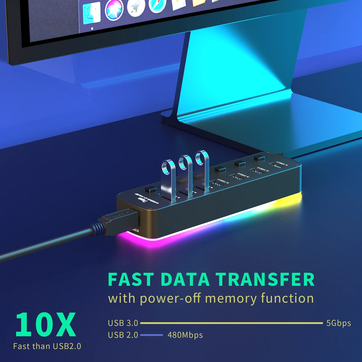 RGB USB 3.0 Hub 7 Ports Data Port Adapter 5Gbps Individual On/Off Switch Splitter Gaming USB Hub For Laptop PC Computer Accessor — view 5