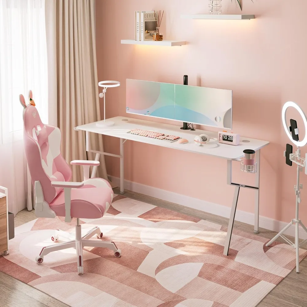 ergonomic k-shaped gaming desk, 63" x 24" home office desk with cable management and cup holder for study and work