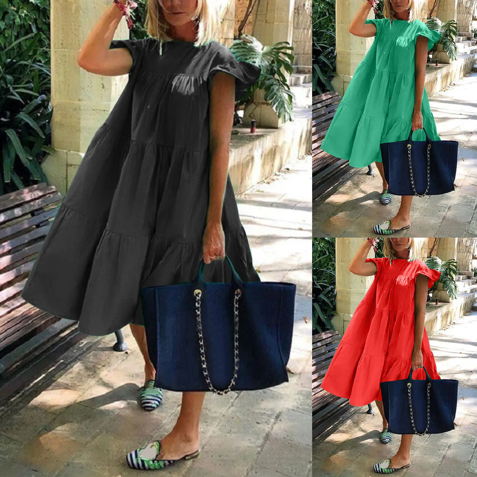 

Summer Women's Dresses Fashion Oversize Pleated Short Sleeved Dresses Casual Loose Solid Colour Round Neck Short Dresses