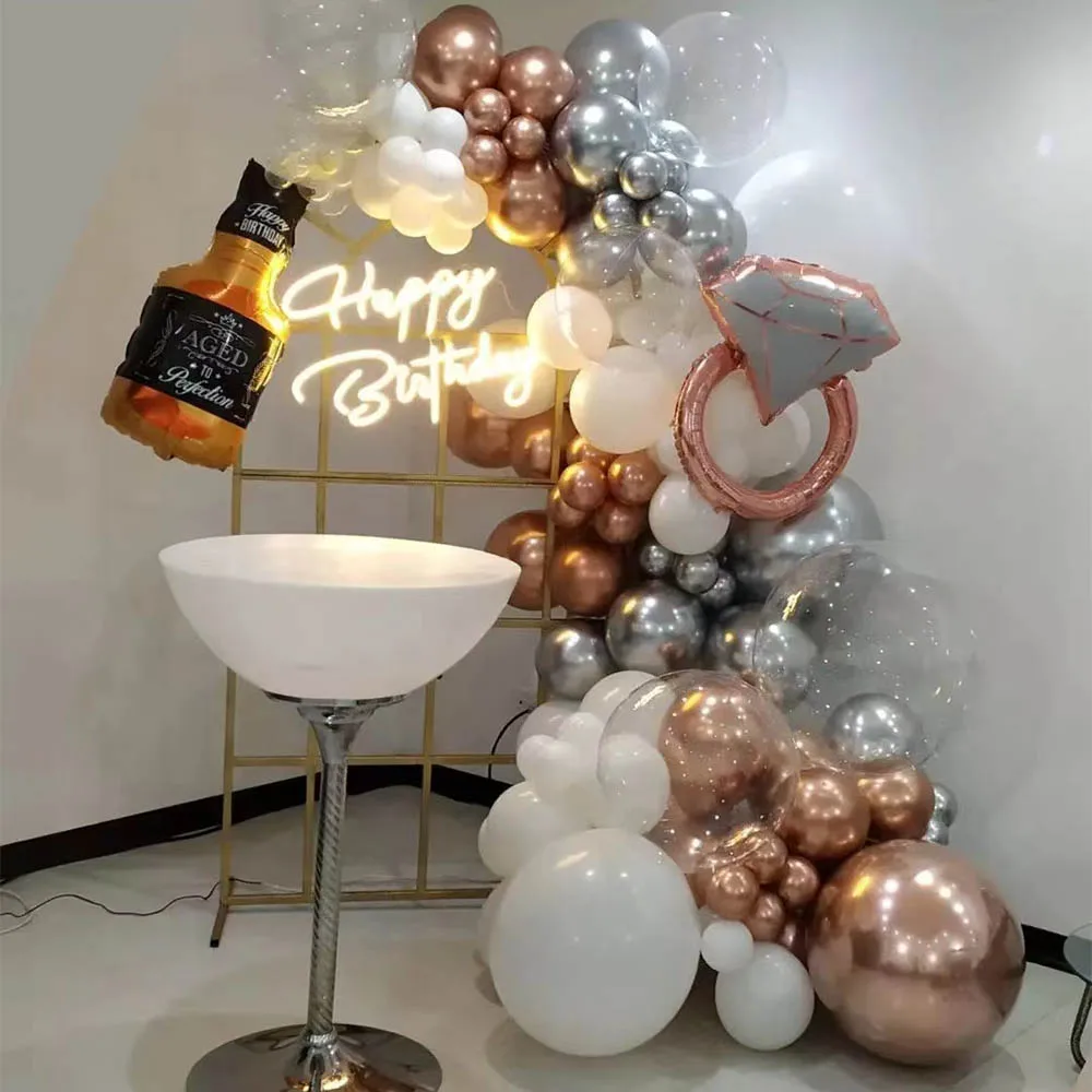 

82pcs/set Whiskey Bottle Rose Gold Ring Foil Balloon Kit White Metal Latex Balloons For Birthday Wedding Party Decoration Globos