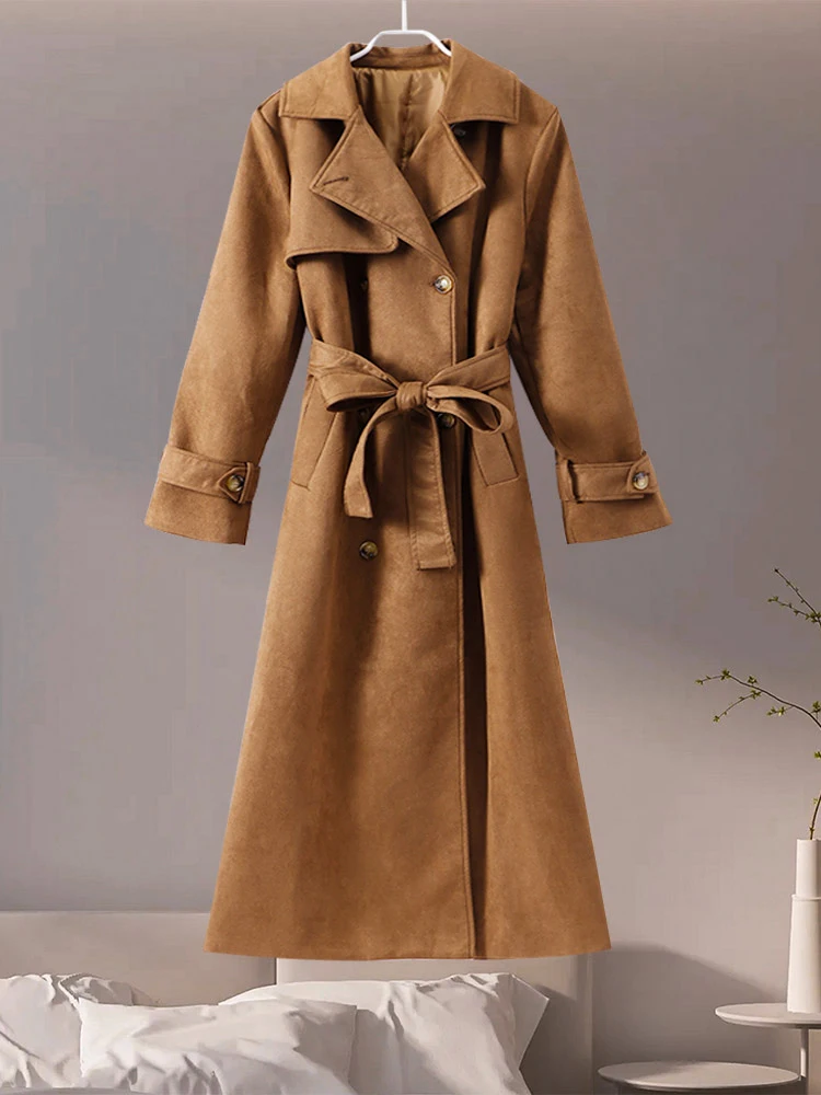 Brown Suede Leather Women Winter Coats With Belt Vintage Lapel Double Breasted Coat Ladies 2024 New High Street Trench Outerwear 6
