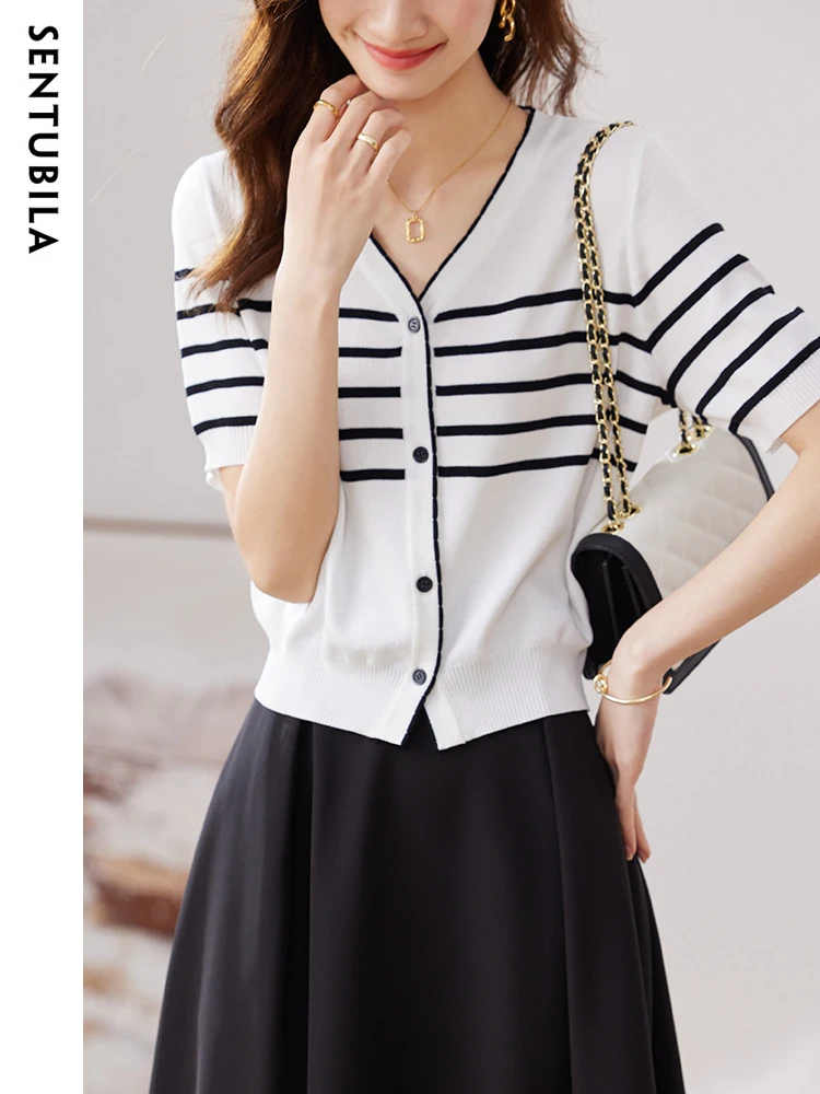 

Sentubila Summer Knitted Cardigans for Women 2023 Elegant V Neck Half Sleeves Open Stitch Straight Fashion New Knit Sweater