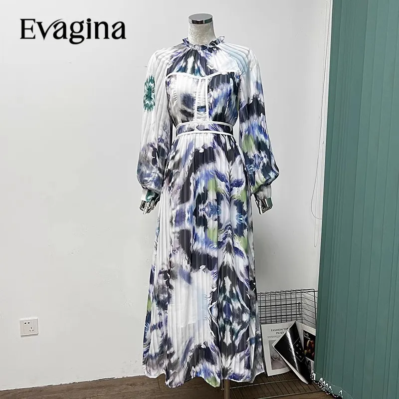 

Evagina New Fashion Runway Designer Women's Stand Collar Long Sleeve High Waist Ruffle Printing Vintage Dress