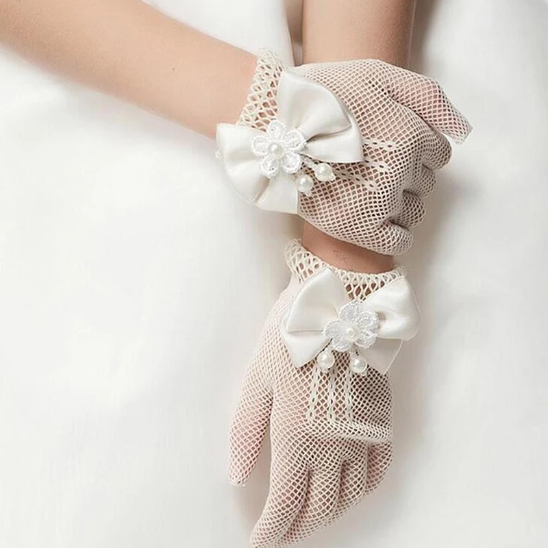 Mesh Bow White Gloves Dress Flower Girl Cute Simple Wedding Communion Party Princess Children Gloves Thin Short Elegant Mittens children gloves