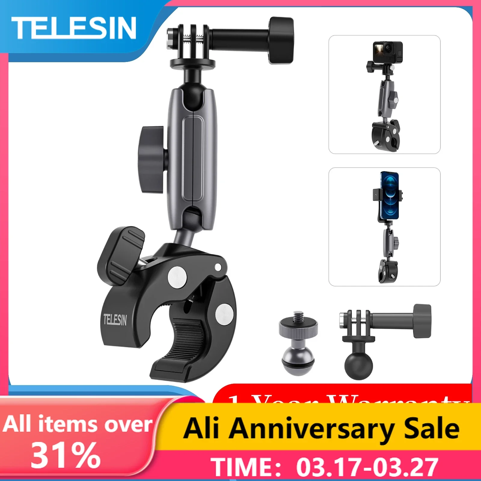 

TELESIN Motorcycle Bicycle Rail Mount Clamp with 360 degree Ball Mount Clip For Gopro Hero 12 11 10 9 8 For Phone Action Camera