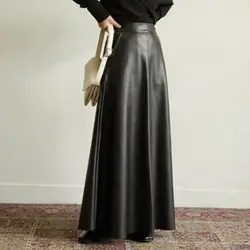 Dropshipping!! Autumn Elastic Waist Side Pockets Maxi Skirt Faux Leather Women Skirts Solid Color Bottoms Skirt Streetwear