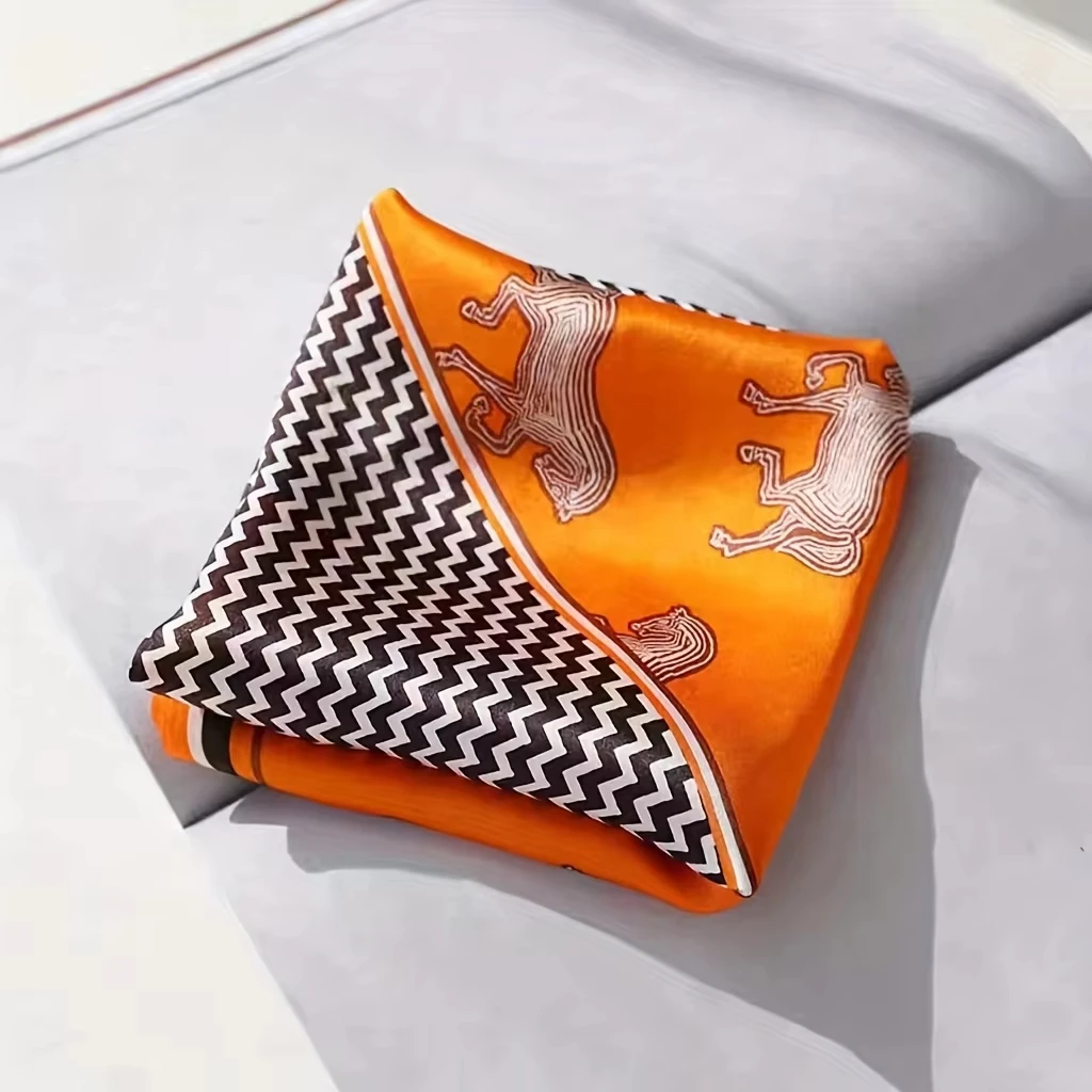 Luxury Orange Striped Horse Square Scarf Women's Natural Soft Satin Scarf Casual Versatile Decoration Small Neck Scarf 6