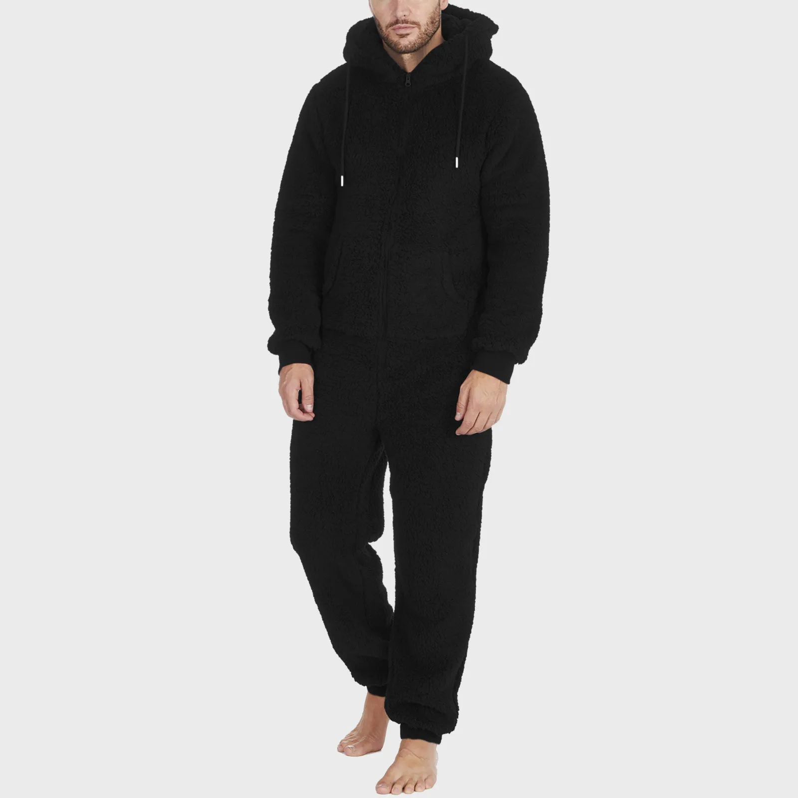 Winter Men Artificial Wool Jumpsuit Pajamas Solid Color Zipper Loose Hooded Onesie Fleece Warm Men Drawstring Bodysuit Sleepwear