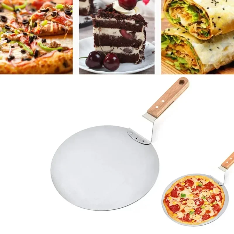 10inch Pizza Shovels Wooden Handle Round Stainless Steel Cake Shovel Pizza Shovel Cake Tools Kitchen Baking Accessories