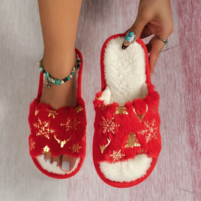 Family Christmas Plush Slippers Women's Christmas Trees Reindeer Snowflakes Open-toe Home Cotton Shoes Warm Household Slippers 1