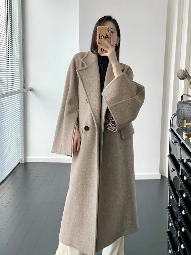 

New High-end Solid Color Alpaca Cashmere Coat Women Loose Lapel Long Zipper Cuff Woolen Coats Female Fashion Autumn and Winter