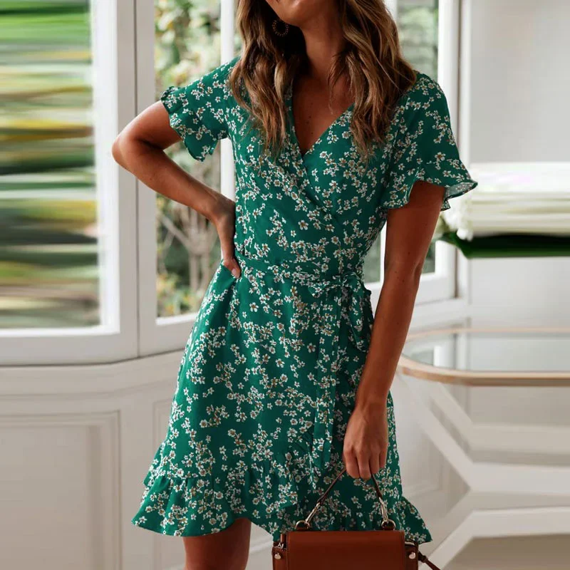

Women's Sexy V Neck Floral Print Boho Beach Dress, Ruffle Short Sleeve, A Line Mini Dress, Wrap Sundress, Summer