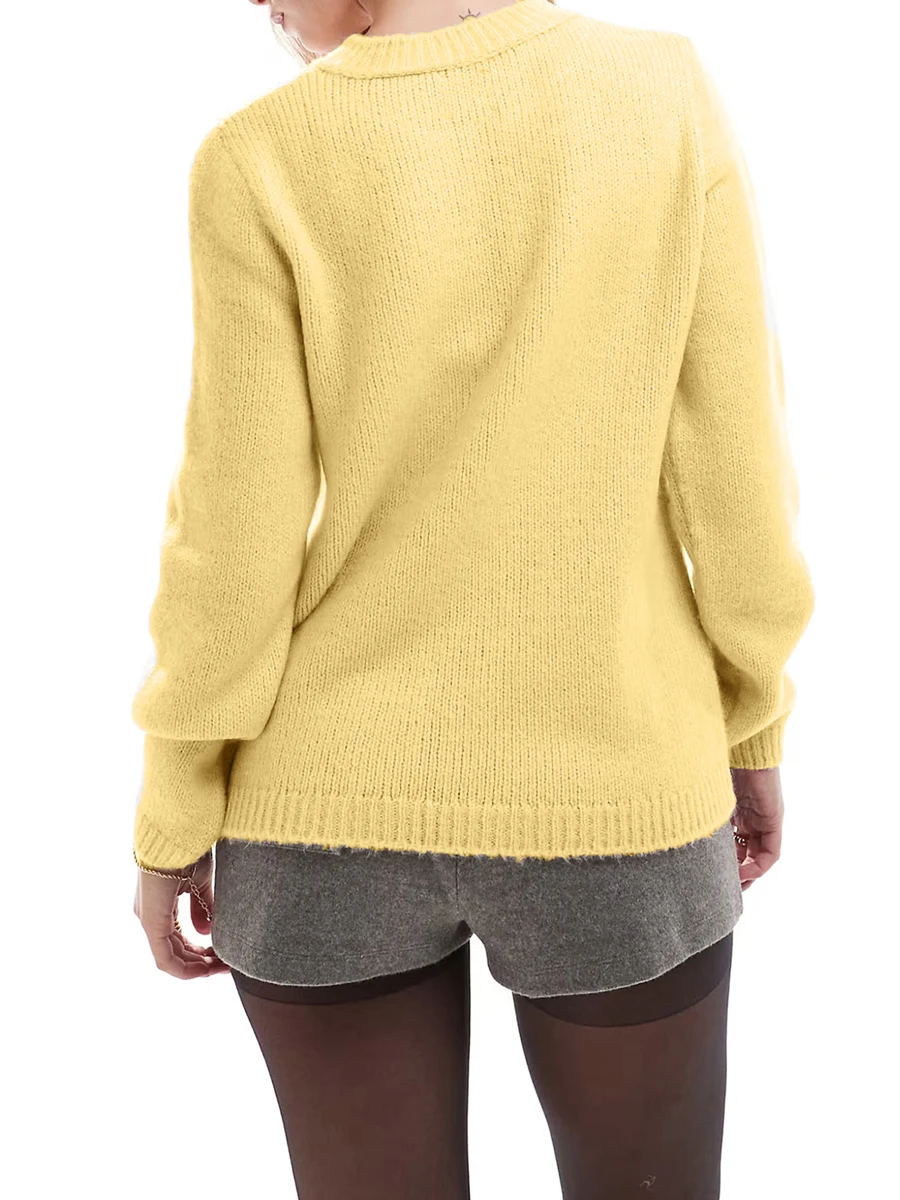 Women s Solid Color V-Neck Sweater with Tie Front Detail and Long Sleeves - Casual Knit Top for Streetwear Fashion