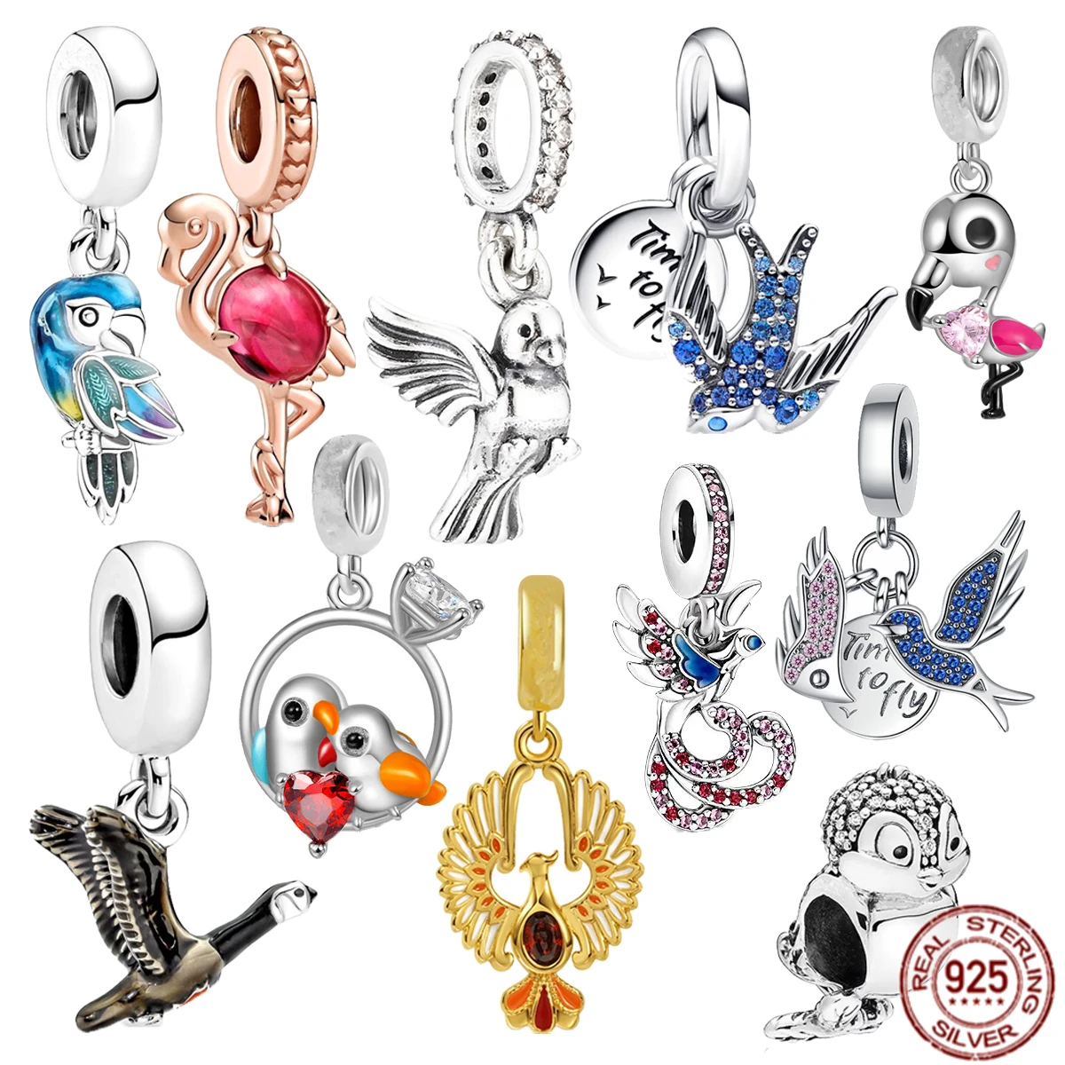 

Hot Sale 925 Sterling Silver Parrot Flamingo Wild Goose Pendant Charm Beads Women DIY Jewelry Gift Fit Original Pandora Bracelet