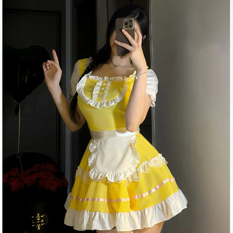 Women Sexy Lingerie Cute Maid Dress Lace Underwear Set Lolita Servant Cosplay Uniform Roleplay Exotic Charm Costume Black Yellow