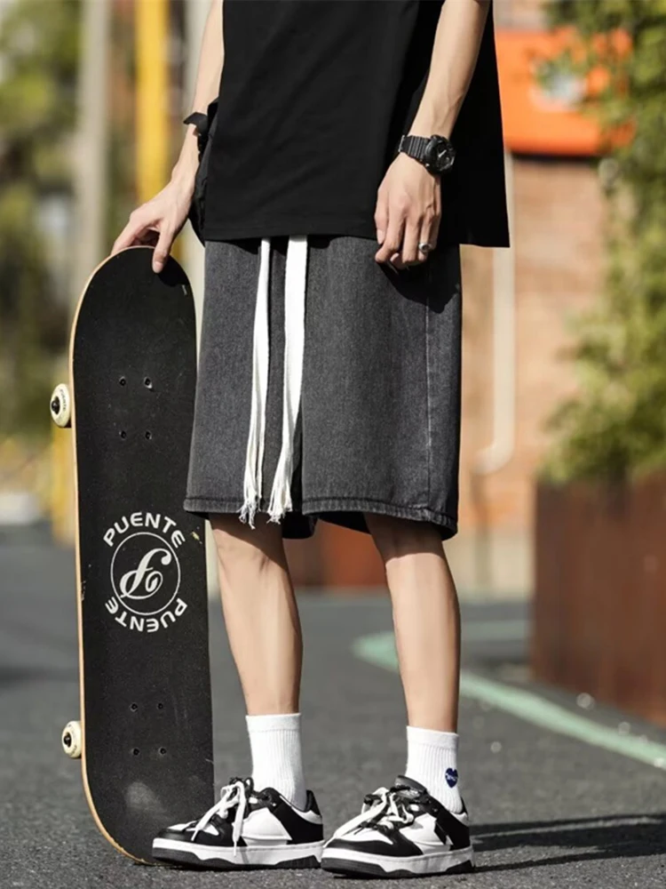 Yeni İpli Y2K Denim şort Hombre kore moda Vintage düz kısa kot pantolon Casual Streetwear Baggy Bermuda masculina