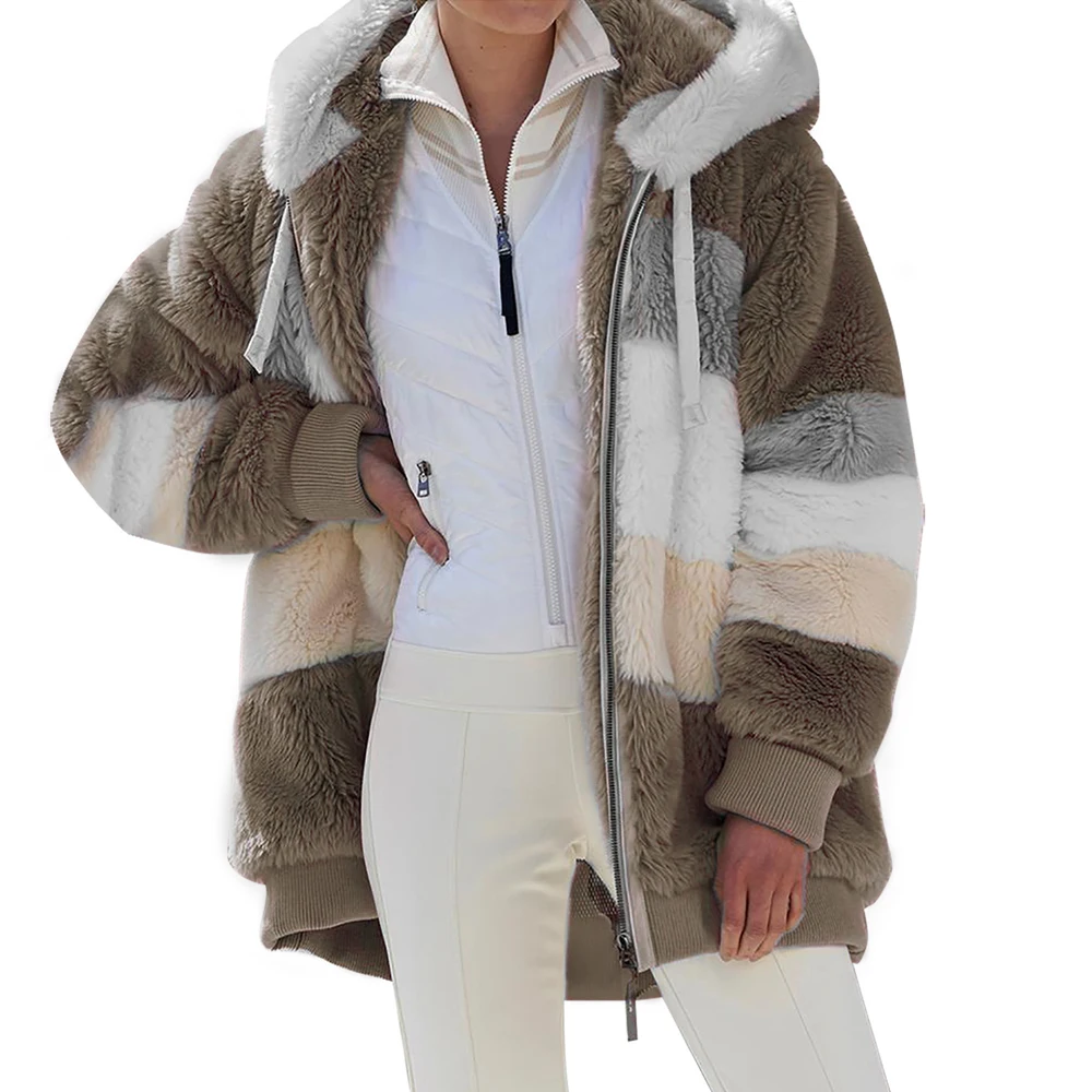 Oversized Jacket for Women Coat 2024 Autumn Winter Warm Plush Pocket Hooded Streetwear Loose Lady Zipper Cashmere Outerwear Coat 2